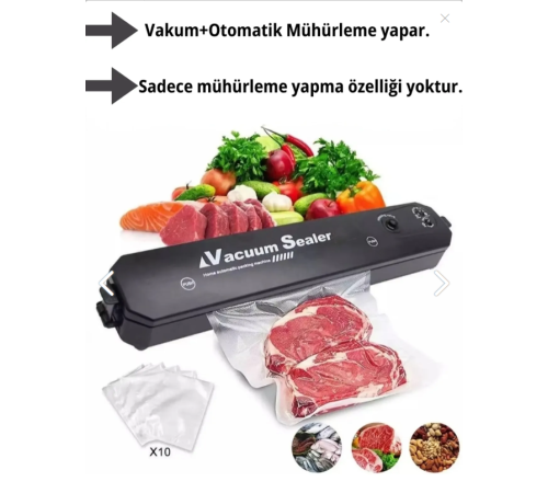 Vacuum Sealer Gıda Vakum Ve Mühürleme Makinesi (10 plastik poşet hediyeli)